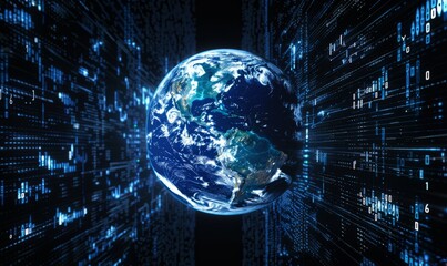 Globe surrounded by digital code and binary