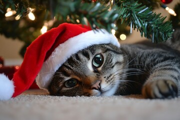 A cute cat wearing a Santa hat lies under a Christmas tree, surrounded by lights and holiday decorations, exuding festive cheer and coziness in a holiday-themed image.