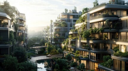 Canvas Print - Modern Apartment Building with Lush Greenery and Water Feature