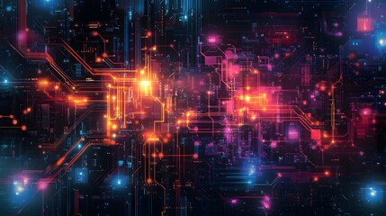 Wall Mural - 14. Abstract geomatics with digital circuit motifs and glowing accents