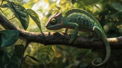 Wall Mural - Curious Chameleon Crawls Along a Branch - Stunning Close-up Photo