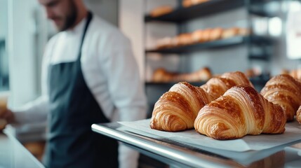 A display of freshly baked golden croissants placed on a baking tray in a bakery setting, with shelves of more baked goods in the background and a baker nearby.