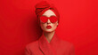 © altitudevisual - Stylish woman wearing red sunglasses and a headwrap, dressed in red against a red background, embracing monochrome fashion and bold color contrast.