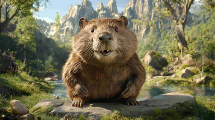 A beaver sitting on a dam on a tranquil river in a mountain landscape, Ai