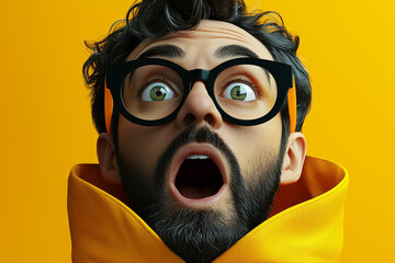 Shocked scared amazed cartoon character adult man male guy person portrait in 3d style design on light background. Human people feelings expression concept