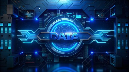 Futuristic Digital Image with Circuit Patterns and Glowing Blue Center Featuring the Word 'Data'