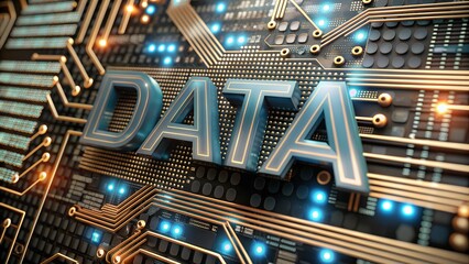 Futuristic Digital Image with Circuit Patterns and Glowing Blue Center Featuring the Word 'Data'