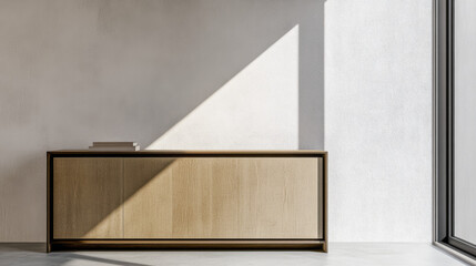 Elegant sideboard in beige color next to a window in an interior design composition. Luxury property interiors with minimalist elegant furniture.