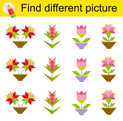 Wall Mural - Fun puzzle game for children. Find the odd one in the group. Vector illustration of cartoon flowers