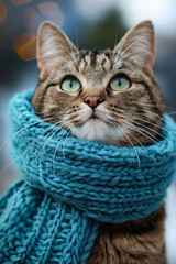 Canvas Print - A cat wearing a blue scarf in the snow