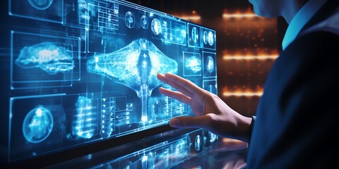 Wall Mural - A doctor in blue scrubs points to an AI interface on the wall with his finger, showing medical images of the brain and heart with wave graphics.