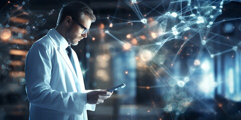 Wall Mural - A doctor in white coat and holding an iPad, surrounded by digital connections.