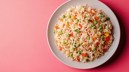 A plate of Thai fried rice on a bright pink background with space for text, perfect for food promotions.