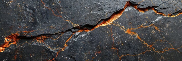 Wall Mural - Abstract background texture of a cracked black surface with glowing orange veins. It's reminiscent of lava or a volcanic eruption.