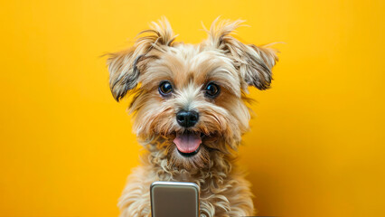 Funny puppy dog shocked hold mobile cell phone isolated on yellow background. Cute dog holds phone surprised shopping concept. For advert, poster, app, web, sale
