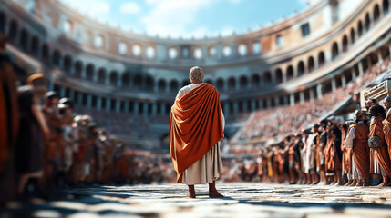 A person in ancient Roman attire stands in the center of a large coliseum, surrounded by spectators and soldiers.