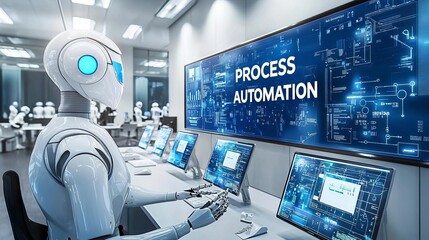 Business process automations A smart office setup with digital displays and robotic assistants automating routine tasks