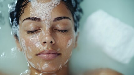 Sticker - Close-up of a woman's face covered in bubbles while relaxing in a bath