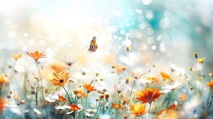 Wall Mural - Butterfly Flying Over a Field of Flowers.