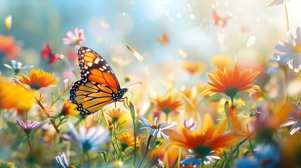 Canvas Print - Monarch Butterfly in a Field of Flowers.