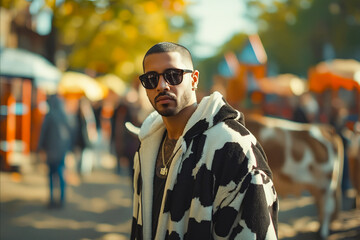 Wall Mural - A man in a black and white cow print coat and sunglasses