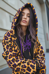 Poster - A woman wearing a yellow and purple leopard print hoodie