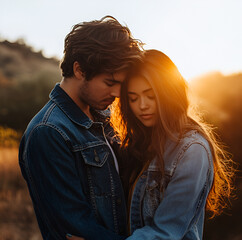 Poster - a cute couple cuddling in front of the sunset. Both are wearing jackets. They are facing bakwards. Sunset time