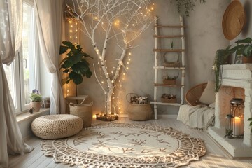 Wall Mural - A warm and inviting living room with a white rug and a large tree, perfect for a peaceful atmosphere