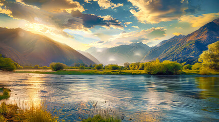 Wall Mural - the view on the river bank with beautiful mountains