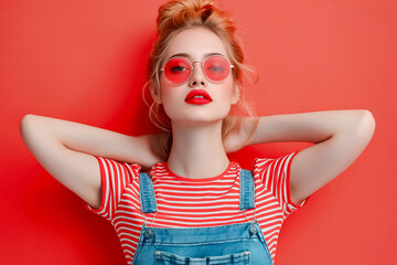 Canvas Print - A woman in a red and white striped shirt and denim overalls posing for a picture