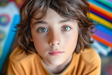 Canvas Print - A young boy with brown hair and blue eyes looking at the camera.