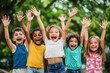 © Kevin - Group of diverse cheerful fun happy multiethnic children outdoors created with Generative AI technology, Generative AI