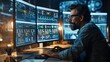 © Рудой Максим - A data analyst monitors multiple screens displaying financial charts and graphs in a dimly lit office at night