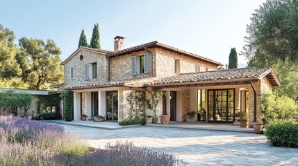 Poster - Stone Villa with Terracotta Roof and Lavender Garden