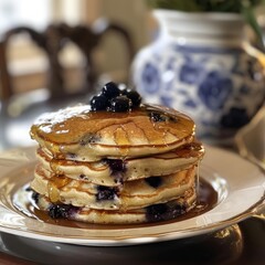 Wall Mural - Stack of blueberry pancakes drizzled with syrup on a white plate.