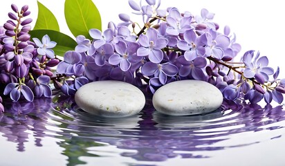 Poster - Gray stones and lilac flowers on the water surface