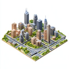 3D Render of a city with a central transit hub, major roadways, and mixed-use, on isolated white background