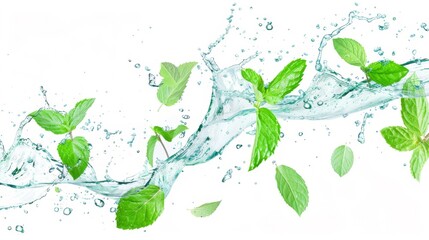 Canvas Print - Mint and water splashes on white background
