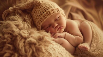 Newborn baby in a knitted hat sleeps on the bed
