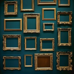 Empty golden frame on green wall
