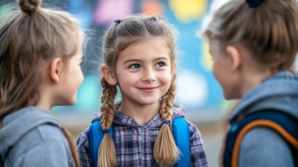 Three young girls are standing together, one of them smiling