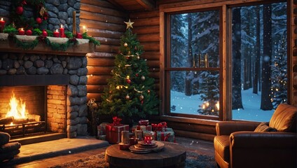 Wall Mural - Cozy Wood Cabin Interior with Christmas Decorated Fireplace, Snow falling in the Forest