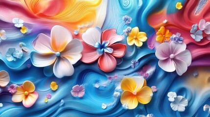 Flowing 3D colorful flowers in bright multicolored wave forms, crafting a dynamic and artistic visual effect