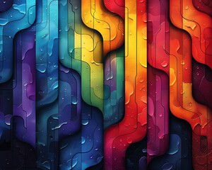 Wall Mural - Abstract Rainbow Background with Water Droplets and Curved Lines