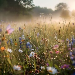 Canvas Print - Sunlit Meadow with Dew Drops and Flowers.