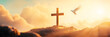 © Daniel - an empty cross standing on a hill, bright warm light streaming past, centered, white dove flying