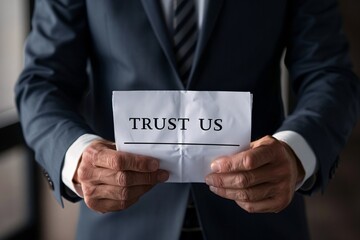 A man in formal attire presents a document displaying the words Trust Us.