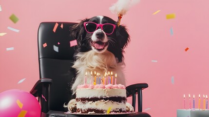 dog with sunglasses celebrating its birthday with birthday cake, sitting on an office black chair with confetti and candles around.