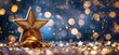 © original logo - Golden star award trophy on blue background with bokeh lights. Concept of success, achievement, recognition, and celebration.