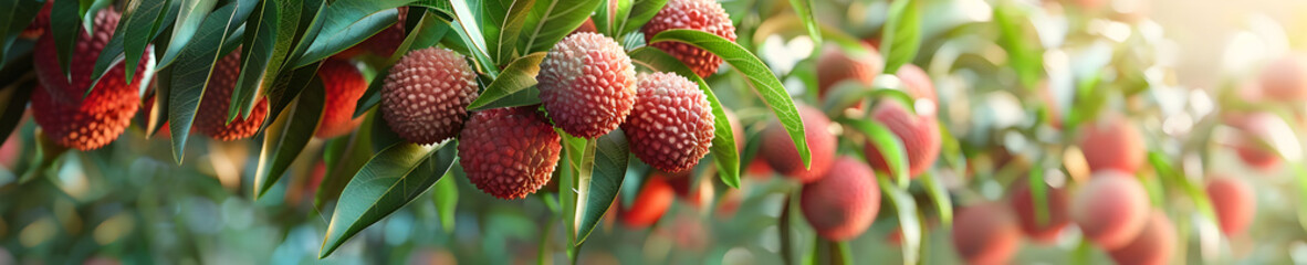 Wall Mural - Closeup of ripe lychee fruit on a tree branch with green leaves.